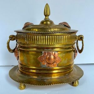 VTG Tea Box Moroccan Brass Copper Hinged Lid Footed Jewelry Trinket Boho Decor